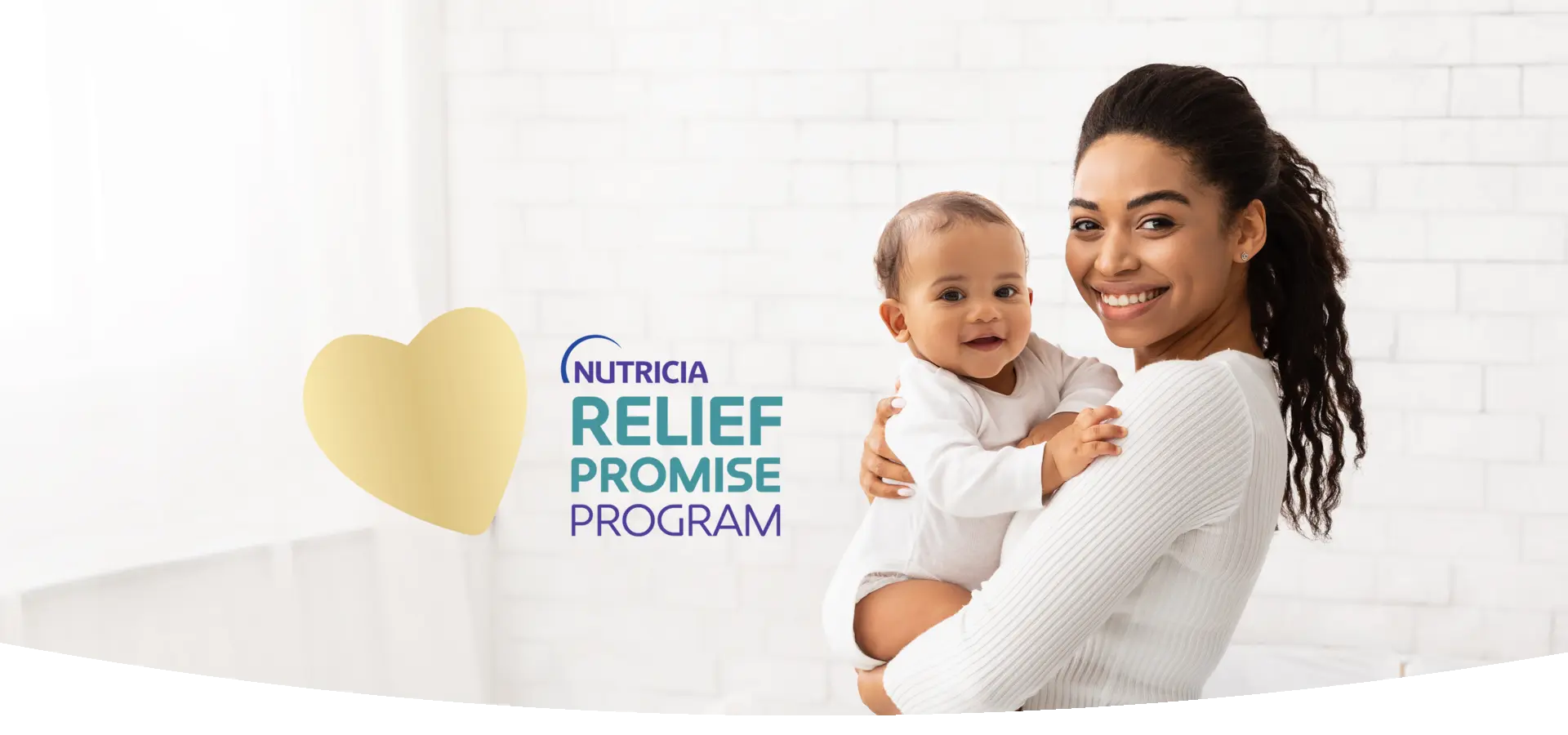A mother and baby smiling, with text reading 'Nutricia Relief Promise Program'